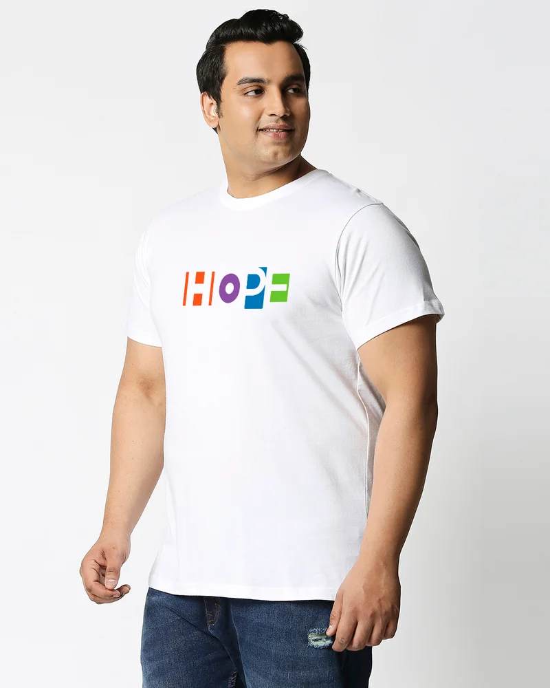 bewakoof Men's White Pop Hope Graphic Printed Plus Size T-shirt